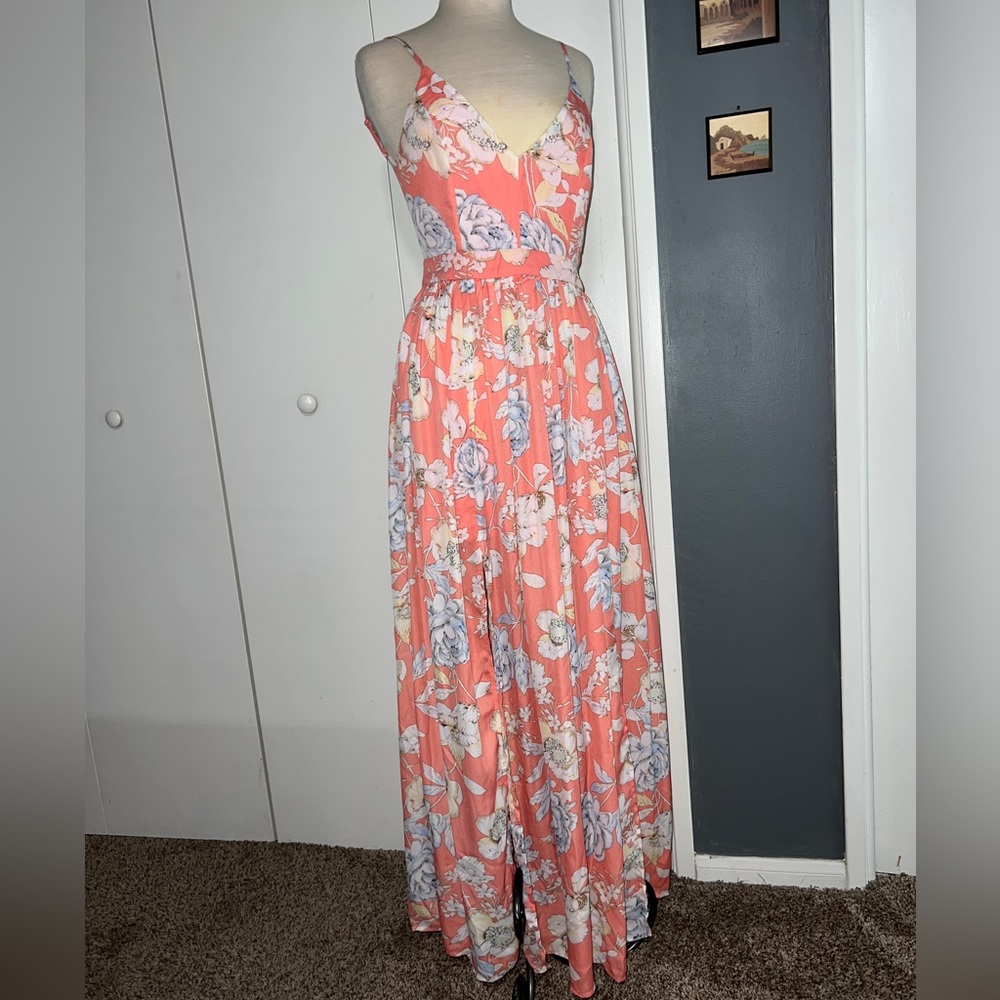 NWT Miss Avenue Coral Backless Floral Gown